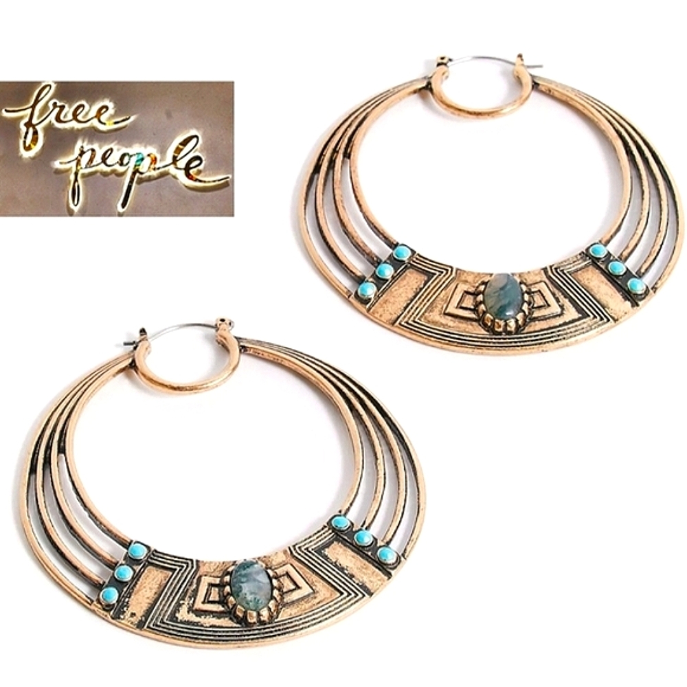 RARE*FREE PEOPLE Sadie Genuine Fragment Stone Oversized Bohemian Hoop Earrings